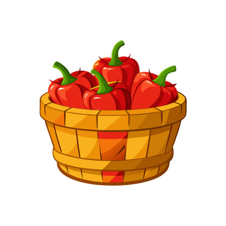 Red bell peppers in a wooden basket illustrationのイラスト素材