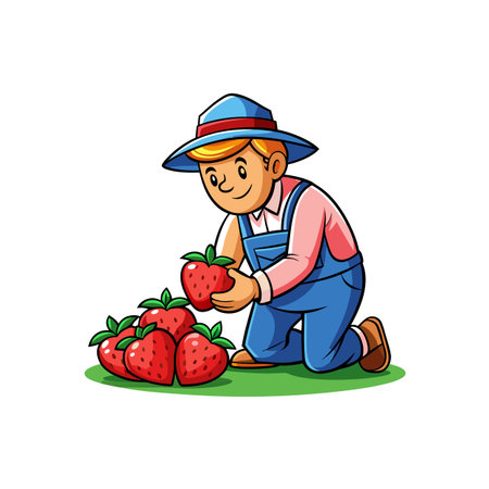 Cartoon farmer harvesting ripe strawberries on a summer dayのイラスト素材