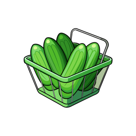 Green grocery basket brimming with fresh cucumbers illustration artのイラスト素材