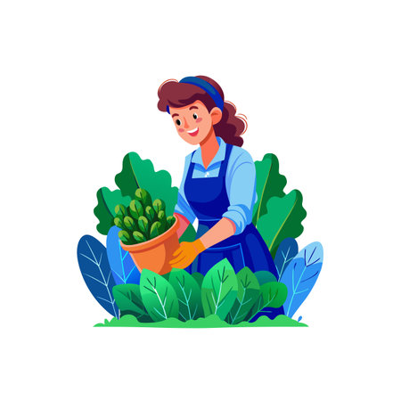 Woman gardener with plant pot in garden illustrationのイラスト素材