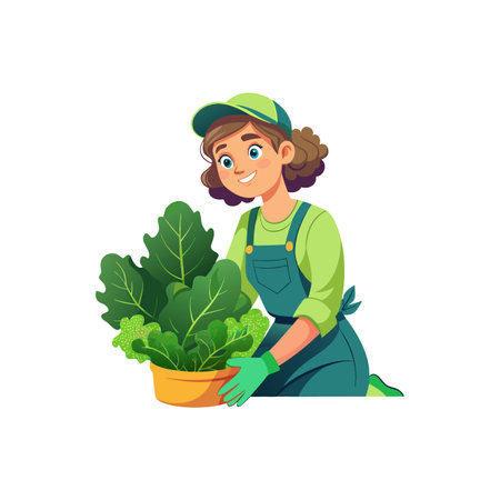 Woman gardening with plants in a pot illustrationのイラスト素材