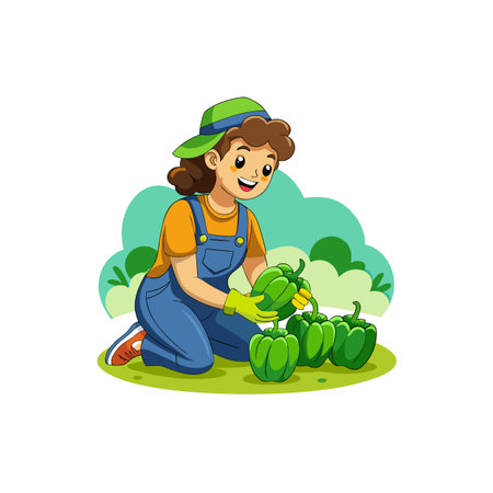 Cartoon gardener harvesting green bell peppers in the gardenのイラスト素材