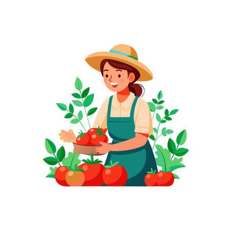 Cartoon farmer with fresh tomatoes in garden illustrationのイラスト素材
