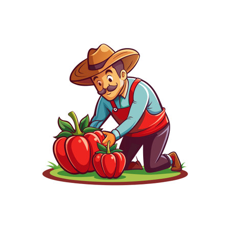 Happy cartoon farmer harvests ripe red bell peppers cropのイラスト素材