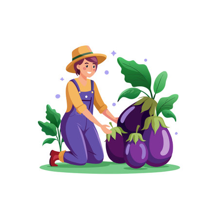Farmer with fresh eggplants in garden cartoon illustrationのイラスト素材