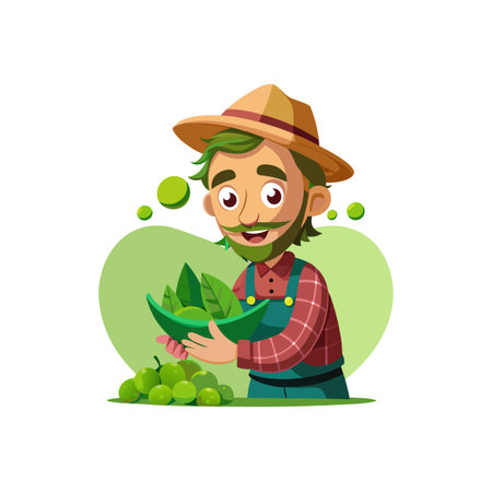 Cartoon farmer holding fresh green produce and leafy greensのイラスト素材