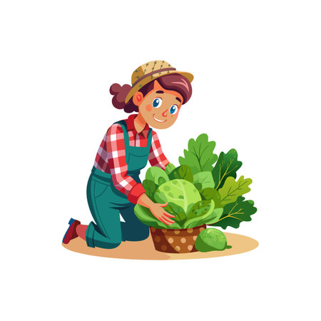 Farmer girl tending to lush vegetable garden harvestのイラスト素材
