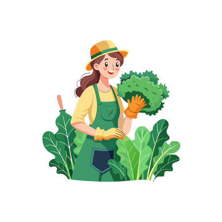 Woman harvesting fresh produce in a garden illustrationのイラスト素材
