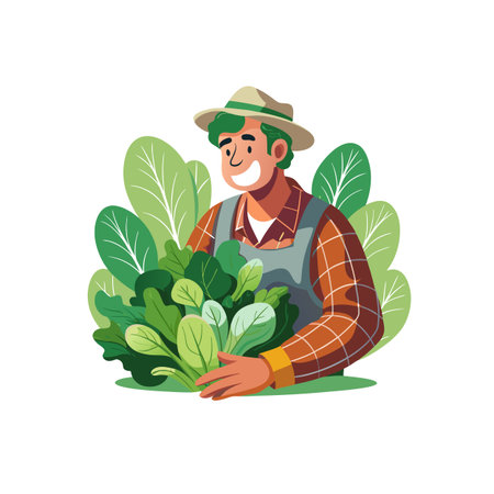 Happy farmer holding fresh bok choy against leafy backgroundのイラスト素材
