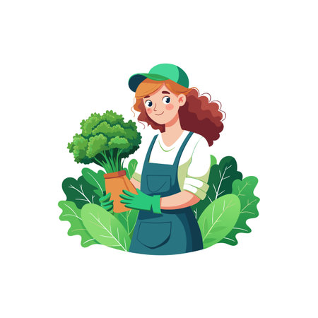 Young woman gardener holding potted parsley illustration in flat designのイラスト素材