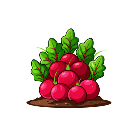 Cartoon beets with leaves on a mound of soilのイラスト素材