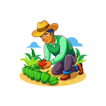 Farmer harvesting organic bell peppers in a garden bedのイラスト素材