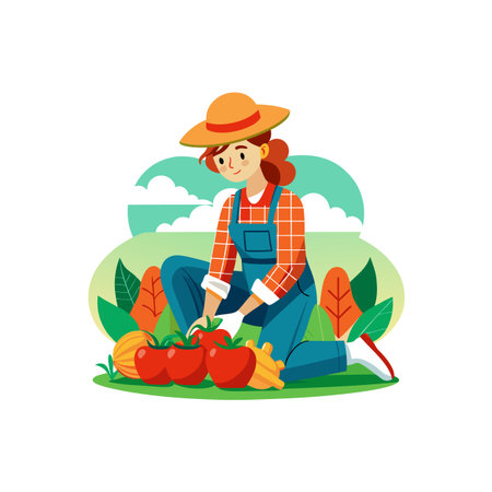 Woman Harvesting Tomatoes in a Sunny Garden Illustrationのイラスト素材