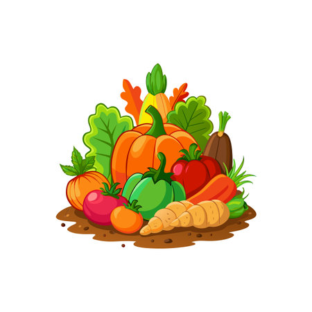 Harvested vegetables and leaves displayed against a white backdropのイラスト素材