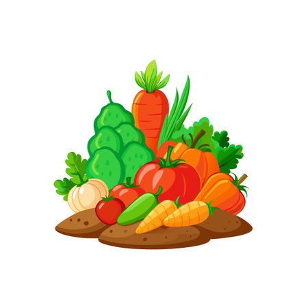Vibrant cartoon-style arrangement of freshly harvested garden vegetablesのイラスト素材