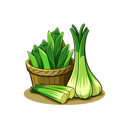 Fresh leeks in a basket and on the groundのイラスト素材
