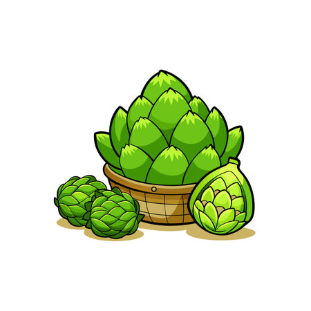 Illustration of artichokes in basket with sliced artichokeのイラスト素材
