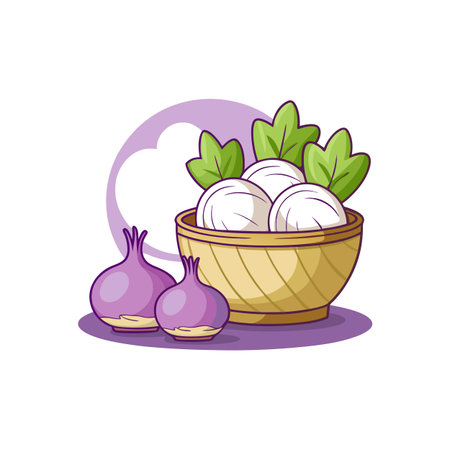 Cartoon depiction of white and red onions in basketのイラスト素材