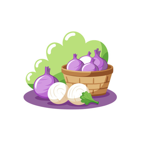 Basket of onions, white and purple, with leafy backgroundのイラスト素材