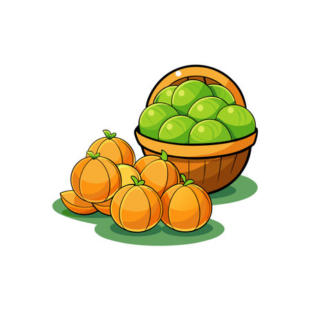 Cartoon basket overflowing with green apples and orange pumpkinsのイラスト素材