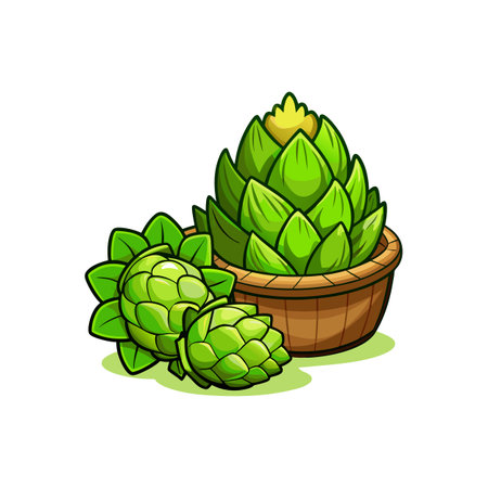 Fresh green artichokes in a wooden basket, healthy eatingのイラスト素材