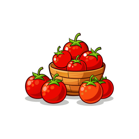 Cartoon illustration of ripe tomatoes in basket arrangementのイラスト素材