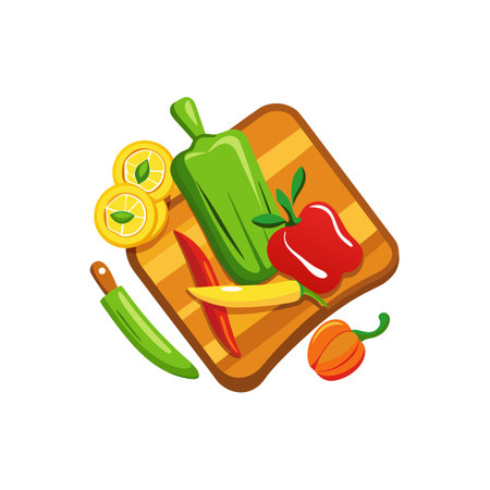 Vibrant assortment of fresh produce on a cutting boardのイラスト素材