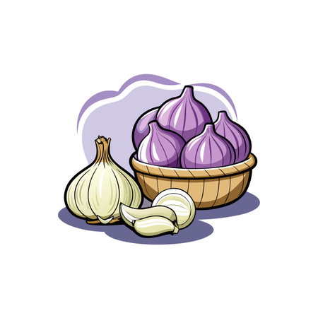 Cartoon illustration of garlic bulbs and basket of garlicのイラスト素材