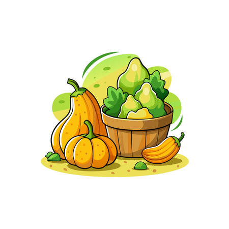Fresh vegetable harvest featuring pumpkins and squash arrangementのイラスト素材