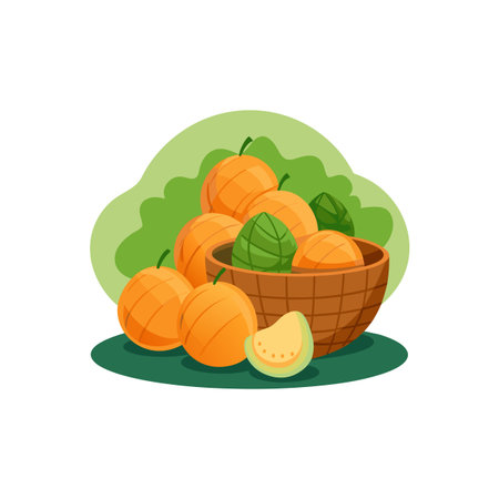 Cartoon Basket with Fresh Orange Fruits Still Life Illustrationのイラスト素材