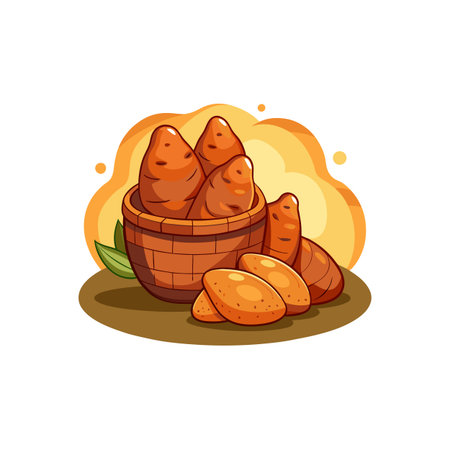 Wooden bucket overflowing with orange potatoes, graphic illustrationのイラスト素材