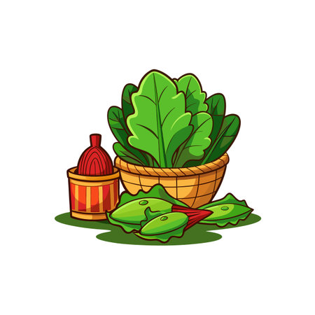 Basket with Fresh Green Spinach and a containerのイラスト素材