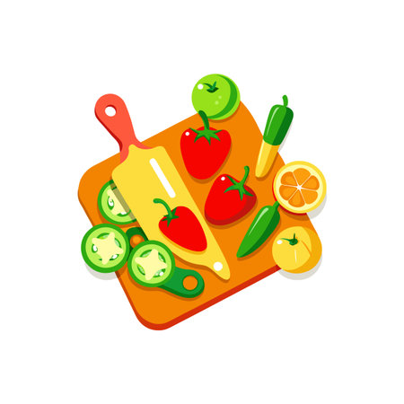 Colorful flat lay of fresh vegetables and cutting boardのイラスト素材