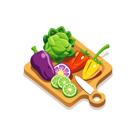 Colorful vegetables on wooden cutting board isometric vector illustrationのイラスト素材