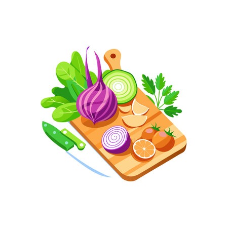 Colorful vegetables and knife on a wooden cutting boardのイラスト素材