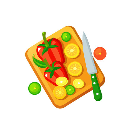 Colorful vegetables and fruit slices on cutting board illustrationのイラスト素材