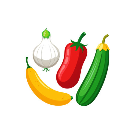 Colorful assortment of vector vegetables arranged on white backdropのイラスト素材