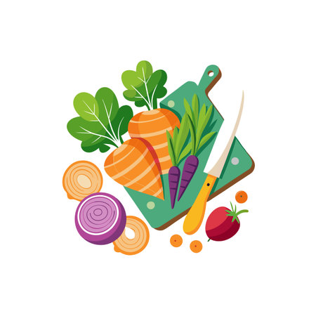 Cartoon style food ingredients on a green cutting boardのイラスト素材