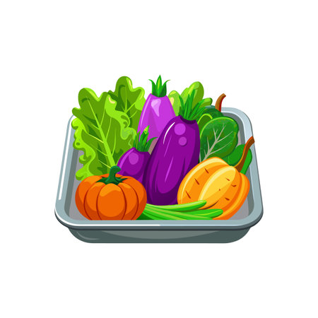 Colorful cartoon vegetables in a silver tray illustrationのイラスト素材