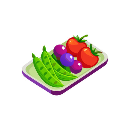 Fresh vegetables and fruits on a tray, isometric viewのイラスト素材