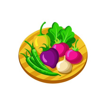 Colorful assortment of fresh vegetables on a wooden boardのイラスト素材