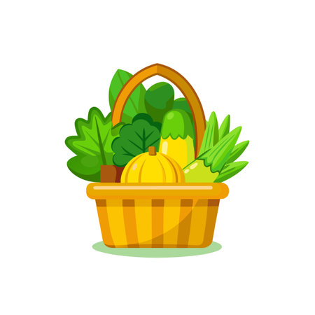 Cartoon vector basket overflowing with fresh produce and greeneryのイラスト素材