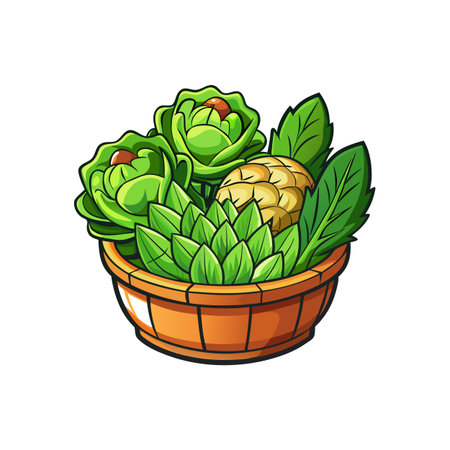 Fresh vegetables and herbs in a wooden basket cartoonのイラスト素材