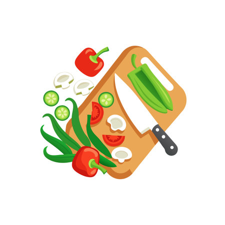Freshly cut vegetables arranged on a light brown chopping boardのイラスト素材