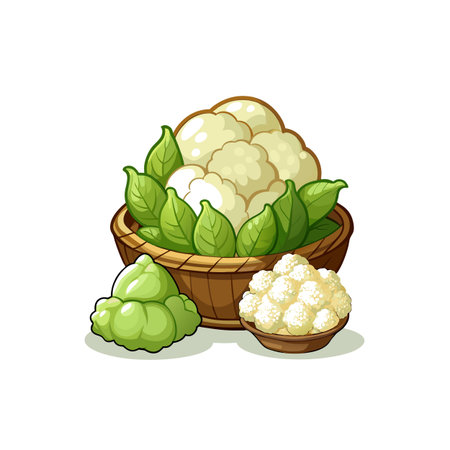 Cauliflower and Pattypan Squash in Wicker Basket Illustrationのイラスト素材