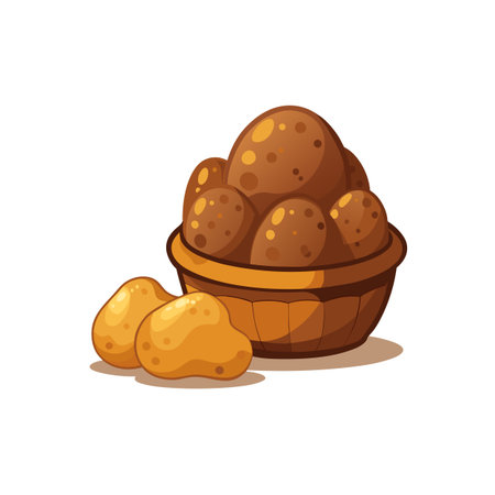 Cartoon image showcasing a basket brimming with brown potatoesのイラスト素材