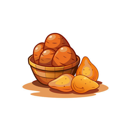 Sweet potatoes illustration in wooden bowl cartoon styleのイラスト素材
