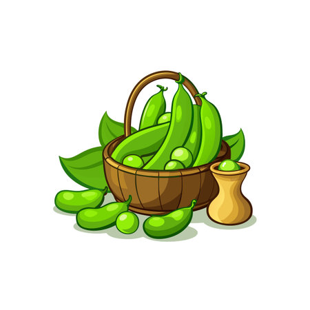 Green peas in basket with green leaves illustrationのイラスト素材