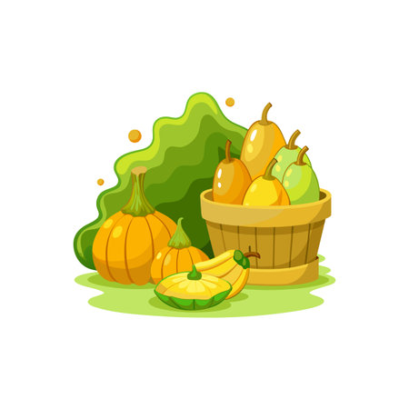 Autumn harvest of squash and pumpkins in a basketのイラスト素材