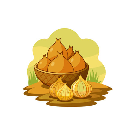 Basket of onions in cartoon style isolated over whiteのイラスト素材